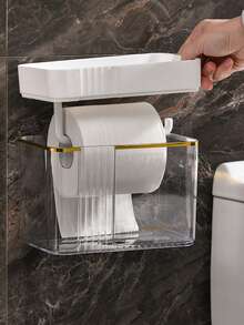 1pc Transparent Waterproof Tissue Box, Wall-Mounted Roll Paper Tissue Box Storage Rack - Grey - View 7