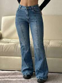 Womens Casual Long Denim Flare Leg Jeans With Pockets And Button Washed Slight Stretch Fabric - Retro Blue - View 3