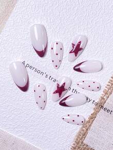 10pcs Handmade Cream White & Burgundy Star Nail Stickers Set (Small/Medium/Large): Cream White Base With Burgundy French Tips, Polka Dots And 3D Star Studs, Sweet And Neutral Style, Fine Glossy Texture, Suitable For Daily Outings, Light Fashion Social Occasions, Reusable, Pearl White Base With Navy Blue French Tips And Polka Dots - Red - View 7
