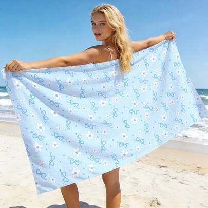 1条蓝色蝴蝶结沙滩巾，简约蝴蝶结花朵印花大号沙滩巾，超细纤维速干吸水防沙沙滩巾，适合旅行、游泳池、潜水、冲浪、瑜伽、露营、沙滩派对及派对装饰，夏季沙滩旅行必备，多功能沙滩巾，可用于度假浴室装饰，多种颜色可选。