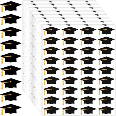 108/360/720 piezas Pegatinas de Birrete de Graduación, Decoraciones de Fiesta de Graduación, Pegatinas Autoadhesivas Creativas DIY de Suministros de Birrete de Graduación, Etiqueta Decorativa para Bolsas de Regalo de Celebración de Fiestas, Decoraciones de Graduación Negras y Doradas