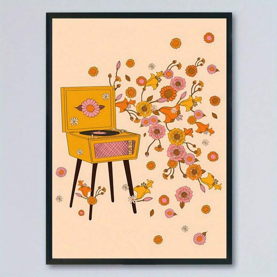 1 pieza Póster de lienzo sin marco, Tocadiscos bohemio de los años 70, Arte de tocadiscos, Póster de arte de pared para amantes de la música, Decoración de pared para sala de estar, Decoración de dormitorio, Decoración del hogar