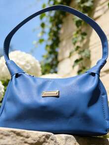1pc Solid PU Underarm Shoulder Bag, Simple Metal Plate Decor Hobo Purse, Soft & Versatile PU Handbag For Women, Daily Use - Blue - View 4