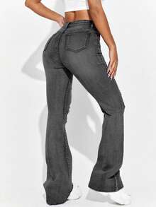 Fashionable High-Waisted Dark Blue Jeans With Pockets - Dark Grey - View 2