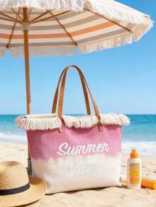Bolsa Tote com Decoração de Borla Bordada, Bolsa Tote Feminina da Moda com Borla Bordada e Letra, Bolsa Tote de Ombro Grande Bicolor com Decoração de Borla Bordada, Perfeita para Trabalho, Volta às Aulas, Ensino Fundamental, Ensino Médio, Faculdade, Férias, Guia de Presentes do Dia dos Namorados, Presente Acessível do Dia dos Namorados, Páscoa, Dia das Mães - Multicolorido - Visão 5