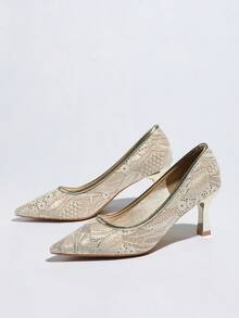 女士镶钻时尚高跟鞋 - 金色 - 查看 5