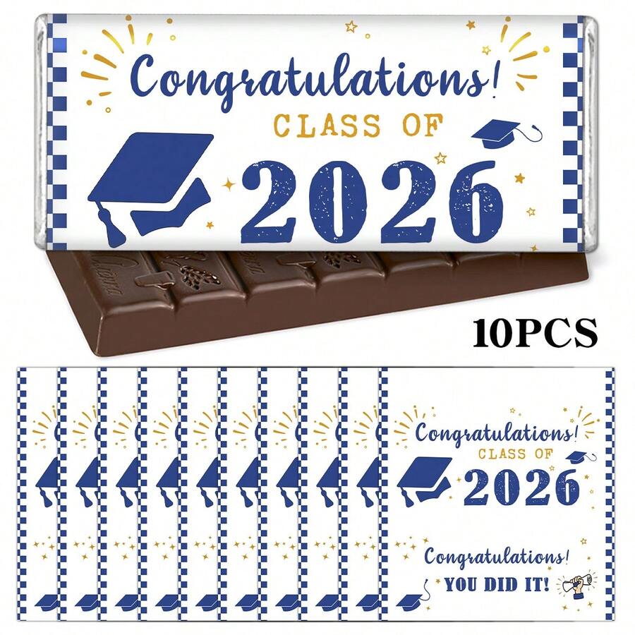 10 Pcs Class Of 2026 Graduation Chocolate Bar Decor Stickers, Blue & Gold Checkered Grad Cap Design Graduation Chocolate Candy Wrapper Labels, "Congratulations! You Did It!" Graduation Chocolate Stickers For Graduation Party Favors, Graduation Gifts & Graduation Celebrations - A - View 1