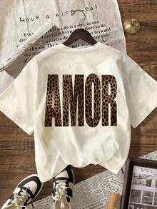 女士休闲豹纹“AMOR”图案T恤，圆领短袖，简约夏季穿搭 - 彩色 - 查看 2