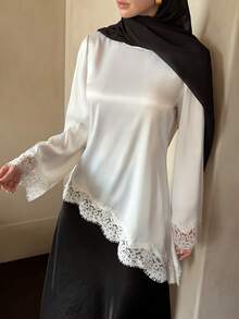 新款白色缎面蕾丝衬衫，优雅圆领长袖设计，不对称蕾丝袖口，修身显瘦的穆斯林职业衬衫，春季款 - 白色 - 查看 6