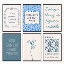 6pcs Motivational Canvas Wall Art, Positive Mindset Posters To Overcome Challenges, Mindfulness Prints That Everything Is Solvable, Pause & Relax Therapy Office Wall Decor, 8x12 Inches, Unframed - Blue - View 1