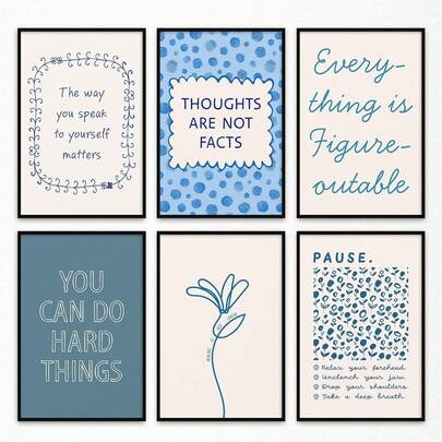 6pcs Motivational Canvas Wall Art, Positive Mindset Posters To Overcome Challenges, Mindfulness Prints That Everything Is Solvable, Pause & Relax Therapy Office Wall Decor, 8x12 Inches, Unframed