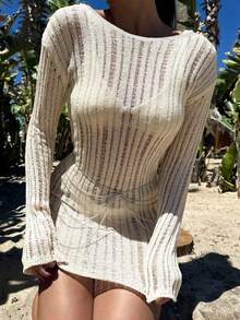2026 Spring/Summer New Women's Casual Elegant Street Style Beach Party Vacation Knit Off-Shoulder Pullover Top, Women's Spring, Women's Vacation Wear, Summer Vacation, Y2K Style, Women's Casual, Women's Vacation, Women's Beach - Apricot - View 10
