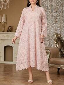 Solessence Elegant White Dress With Embroidery Arabic Jalabiya, V-Neck Floral Design, Latest 2025 Saudi National Day Robe - Pink - View 2