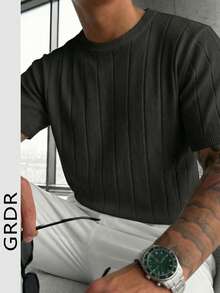 GRDR 男士夏季针织纯色罗纹短袖毛衣，运动休闲款，适合户外活动 - 黑色 - 查看 6