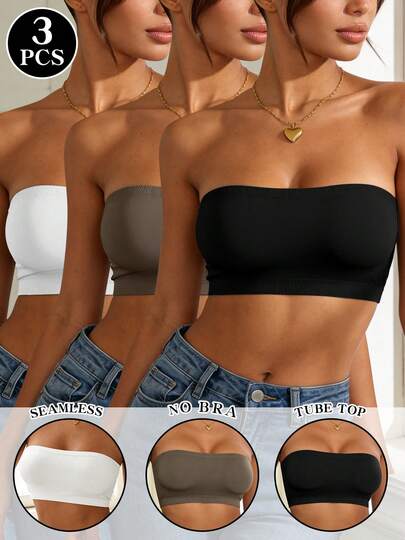 3pcs/Set Front Closure Solid Color Strapless Bandeau Bra With Upgraded Non-Slip Silicone Strips, Comfortable Soft Cup Wireless Bra, Lingerie For Women, Featuring A Minimalist Design Tailored For, Perfect For Various Occasions Like Parties And Shopping