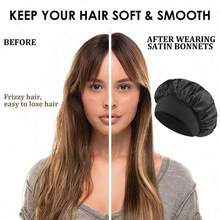 1pcs Double Layer Satin Sleeping Cap For Women Sleeping, Satin Lined For Curly Hair, Large Silk Cap, Wide Brim Silk Night Cap - màu đen - Xem 7