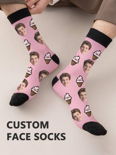 1 paire de chaussettes mi-mollet personnalisées pour hommes, avec n'importe quel visage imprimé. Chaussettes personnalisées avec photos, paires d'images personnalisées intéressantes avec des chaussettes de longueur moyenne à longue. Convient pour la Saint-Valentin, les anniversaires, les cadeaux et autres occasions. Personnalisé, amusant, riche et coloré, design créatif de dessin animé, cadeaux de fête, confortable et respirant, améliorant l'atmosphère de la journée familiale, à la mode et à la mode, convenant aux hommes et aux femmes, drôle, fou, anime, chaussettes multicolores