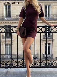 QUNGIGU Women's Burgundy Fitted T-Shirt Dress With Side Ruching, Short Sleeve Casual Basic Summer Dress, Elegant For Dates, Cocktail Parties, Layering In Summer - Burgundy - View 3