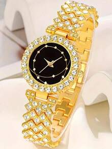 6pcs Elegant Luxury Women's Quartz Watches, Women's Luxury Classic Four-Leaf Clover Jewelry Watch Set, Including A Gold Fully Diamond-Studded Strap Black-Dial Quartz Watch, Four-Leaf Clover Bracelet, Chain Necklace, Ring, And Stud Earrings. - Gold - View 5