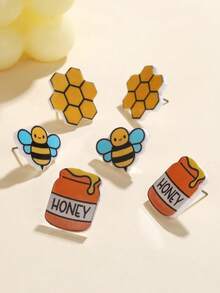 3件套可爱蜂巢蜜蜂亚克力耳环，Y2K清新风格耳环，适合春季野餐、日常佩戴，百搭饰品 - 彩色 - 查看 5