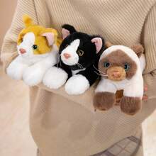 26厘米/10.23英寸卧姿猫毛绒玩具，柔软蓬松，金丝虎斑/暹罗/三花猫款式，逼真猫咪毛绒玩具，生日和节日礼物，男孩女孩收藏玩具，万圣节和圣诞节礼物，儿童节礼物 - 彩色 - 查看 10