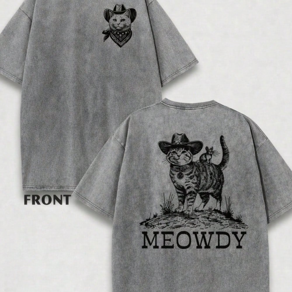 Plus Size Screen Printed Soft Cotton T-Shirt Cat Cowboy Meowdy Western Vintage Everyday Casual Loose Fit