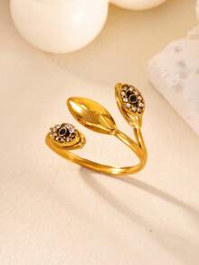 不锈钢叶子装饰戒指，立方氧化锆邪眼戒指，蓝绿松石眼睛戒指，不锈钢女士珠宝幸运礼物 - 9 - 查看 9