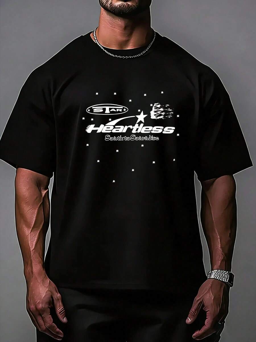 Hellstars Heartless Soar To Soardise Star Y2K Graphic T-Shirt,220g 100% Cotton,Round Neck Short Sleeve,Black Streetwear Essential For Summer Going Out,Unisex Style - 黑色 - 查看 1
