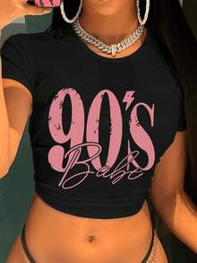 Women Casual Printed Round Neck Short Sleeve Top: Retro Revolution: 90s Beauty Pattern Short Sleeve Top - Fashionable - Cozy Summer Essential & Casual Chic - Black - View 6