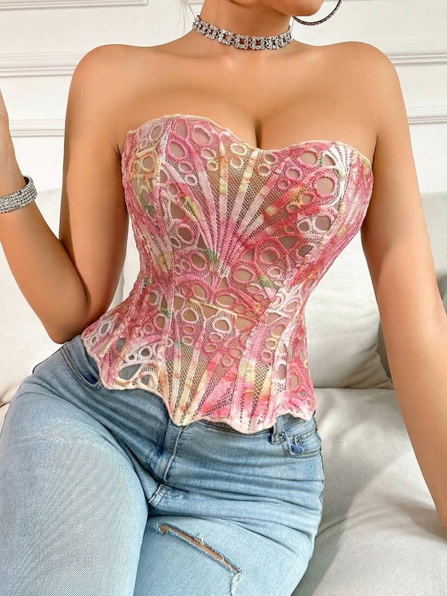 1pc Pink Floral Lace Sheer Cutout Cropped Camisole Top, Suitable For Daily Wear, Party, Wedding In Summer
