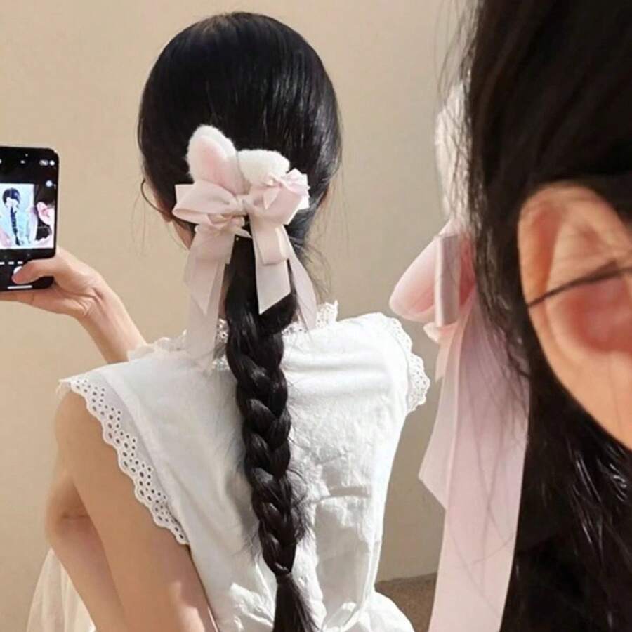 1个可爱女孩芭蕾舞风格蝴蝶结发夹，多功能双马尾丝带发饰