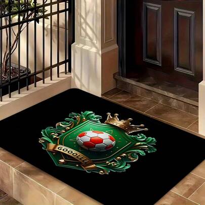 1개 "GOOOLLLL" 축구 배지 프린트 발매트, 부드러운 플란넬, 현관, 파티오, 정원, 침실, 거실, 욕실, 서재용 내구성 있는 미끄럼 방지 흡수성 매트 - 실내 및 실외 사용, 장식용 바닥 깔개
