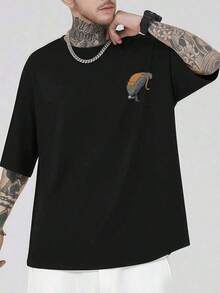 Camiseta con estampado de gato extraterrestre, 100 % algodón, ajuste cómodo, transpirable, informal, estampado llamativo, impresión a doble cara. - Negro - Ver 3