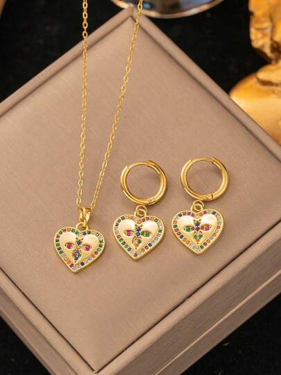 Set de collar y aretes con colgante en forma de corazón y geométrica, diseño minimalista elegante y creativo, adecuado para regalos, uso diario y para ir al trabajo (empaquetado en bolsa de OPP)