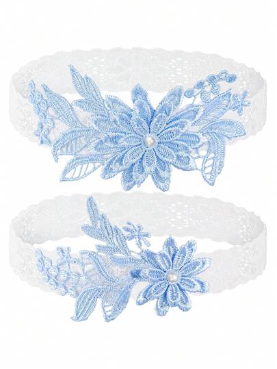 2pcs Lace Garter Belt Set For Bride, Handmade Faux Pearl Bridal Garter Belt Set, Vintage Blue Lace Bridal Garter Set, Ideal For Bridal Shower And Bouquet Toss Ceremony. Light Blue Lace Bridal Garter With Floral Embroidery And Pearl Decor, Perfect As Bridal Wedding Accessory.