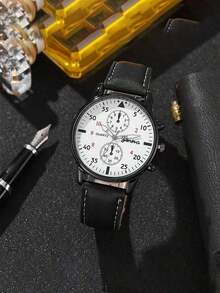 2pcs Set: Men's Fashion Minimalist Dial Quartz Watch & PU Leather Belt Accessories, Casual Style, Circular Multi-Functional Dial, Suitable For Daily Wear, The Best Festival Gift For Men - Multicolor - View 2