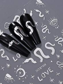 12pcs/Set 3D Bronzing Sun Moon Nail Art Stickers Decals Holographic Silvery Stars Line Designs DIY Manicure Y2K Nail Sliders - Silver - View 8