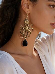 1 Pair Vintage Punk Chic Distressed Bronze Tone Alloy Octopus Shape Water Drop Faux Black Agate Gemstone Earrings, Personalized Jewelry For Holiday Party And Street Style - Multicolor - View 3