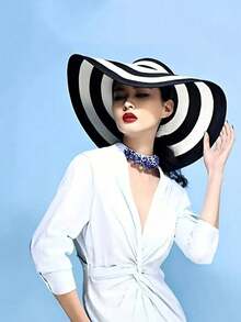 1顶/夏季女士遮阳帽，适合景点佩戴，时尚百搭，黑白粗条纹，宽檐沙滩草帽，遮阳帽 - 條紋帽 - 查看 1