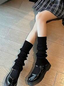 2 Pairs Of Black And White Oversized Women's Knee-High Polyester Knitted Fabric, Solid Color, Comfortable And Elastic, Hand Wash , Suitable For Cycling, Casual Wear And Festival Wear, Y2k, Cozy - 彩色 - 查看 6