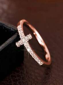 Anillo de lujo minimalista con diseño de cruz, chapado en oro con piedra de circonita, anillo de moda para el dedo - Bronce - Ver 5