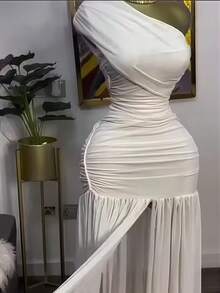 Women's Spring 2026 New Solid Color Sleeveless Slanted Collar Pleated Slim Split Long Dress - White - View 2