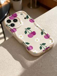1pc Minimalist Fresh Cherry & Daisy Pattern Full Coverage Cream Wavy Edge Unique Phone Case Suitable For IPhone 11/12/13/14/15/16/17 Pro Max - Multicolor - View 4