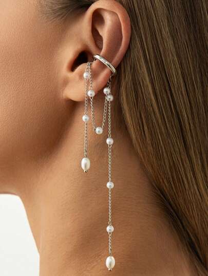 1 pieza Pendientes largos con cadena de perlas vintage y borla