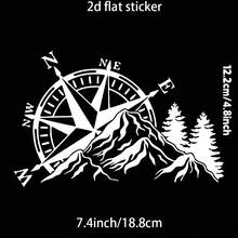 2D Flat Two-Tone Compass Sticker With Mountain And Pine Tree Pattern, Vinyl Material, Self-Adhesive, Semi-Matte Finish, Reusable On Cars, Laptops, Etc. - A - View 2