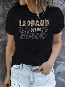 Camiseta holgada de verano para mujer con estampado de leopardo es la nueva moda: Camiseta con estampado de leopardo para mujer, top versátil de manga corta, cómoda y transpirable, diseño clásico de cuello redondo, adecuada para el uso diario, citas o ropa casual. - Negro - Ver 2