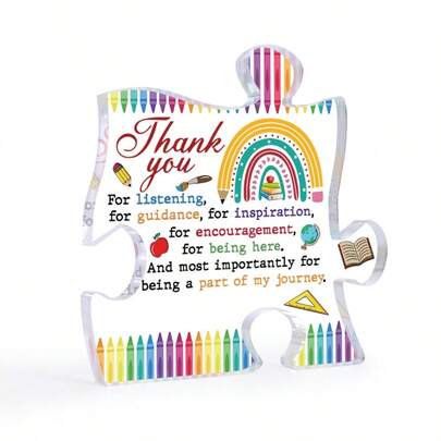 1 Piece, Back-To-School Season - 10*10*1cm Colorful Thank You Puzzle Acrylic Ornament, Special Gift For Teachers And Classmates, Home Desktop Holiday Decoration Ornament, Holiday Gift, Back-To-School Season