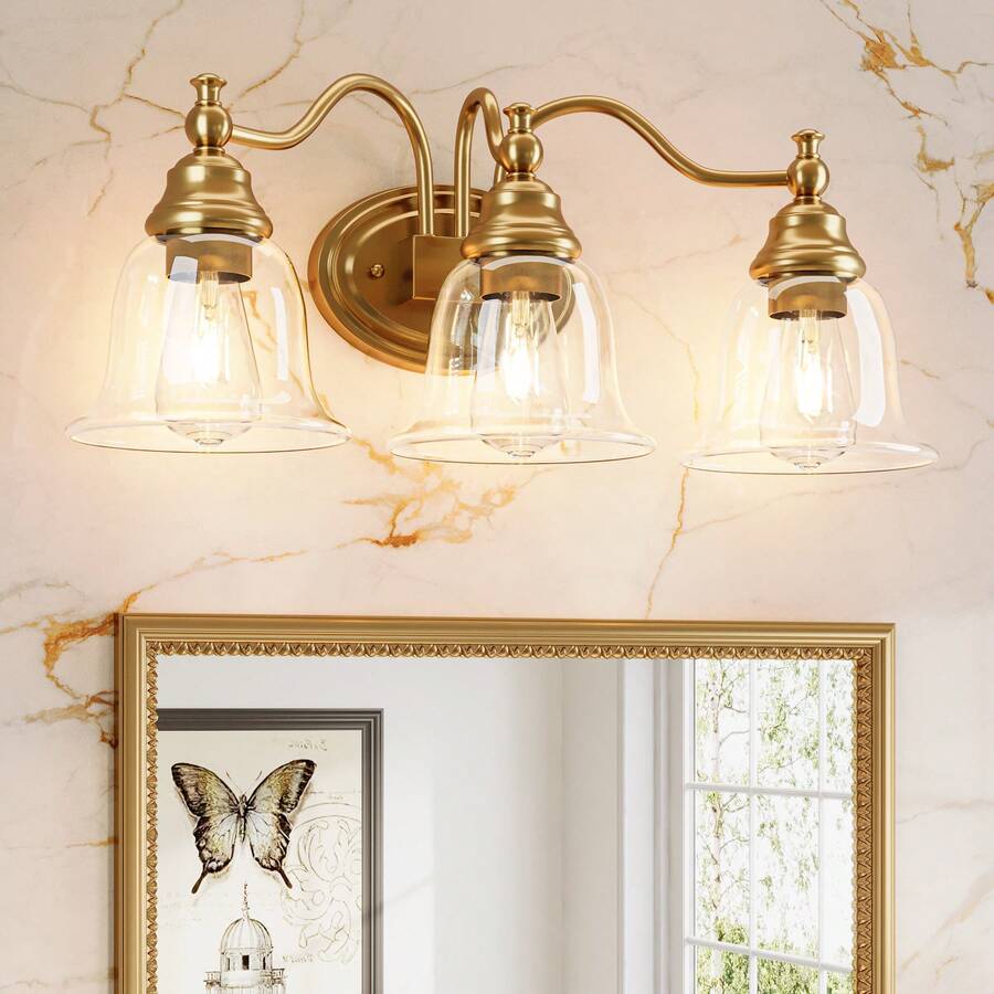 LITTLE TREE 3-Light Bathroom Light Fixtures, Modern Vanity Light With Clear Glass Shade, Bathroom Wall Lamp For Mirror Living Room Kitchen Hallway Porch, E26 Base, Bulbs Not Included (Gold) - vàng - Xem 1