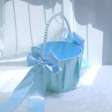 White Cute Pearl Handle Bow Satin Flower Girl Basket, Suitable For Wedding Ceremony - Flower Basket - View 8