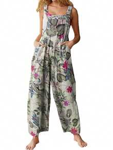 Bohemian Women's Loose Floral Bib Overall Jumpsuit With Pockets Patchwork Wide Leg Adjustable Strap Beach Vacation Outfits Summer - 白色 - 查看 2